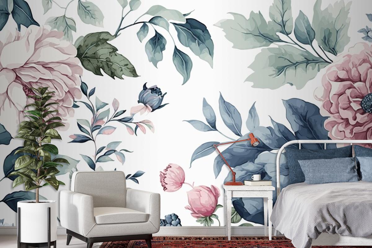 Watercolor Blue And Pink Floral Pattern Wallpaper Mural