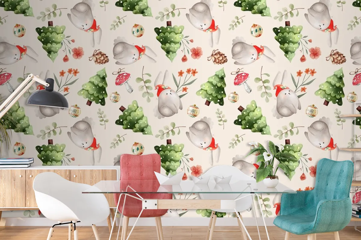 Watercolor Christmas Pattern Design Wallpaper Mural