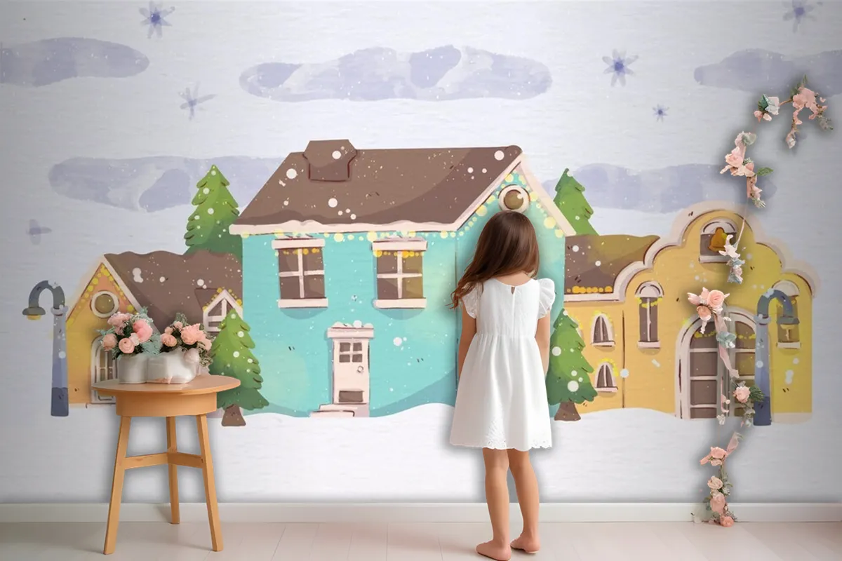 Watercolor Christmas Town Wallpaper Mural