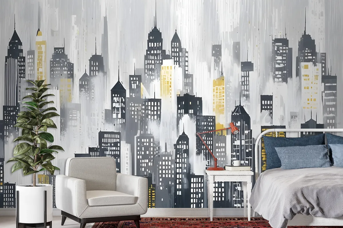 Watercolor City Silhouette Wallpaper Mural