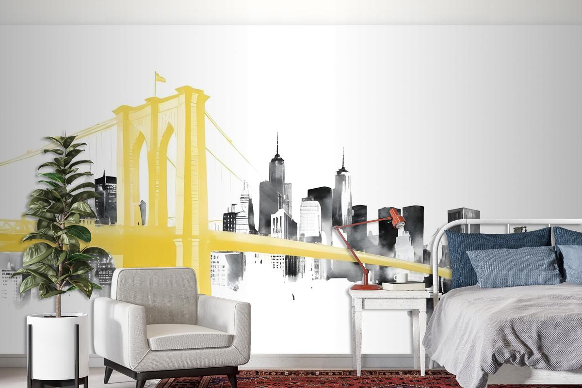 Watercolor City With Brooklyn Bridge Wallpaper Mural