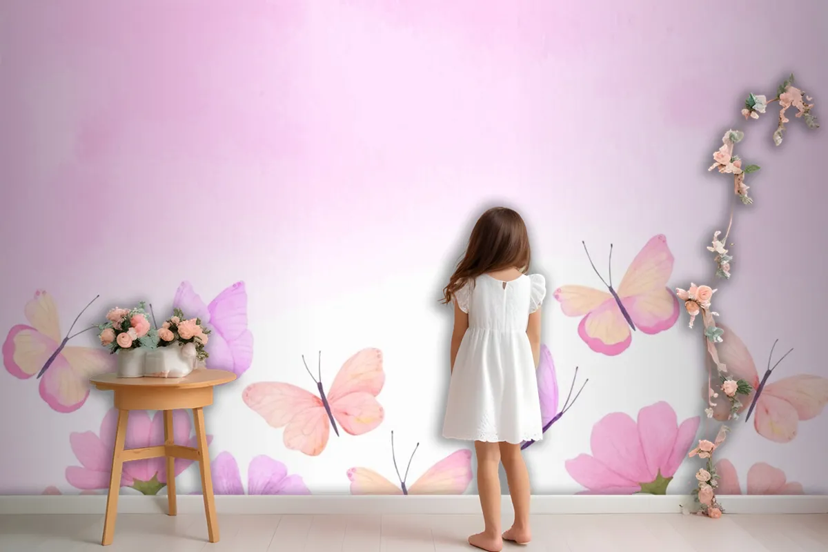 Watercolor Colorful Butterfly Background Kids Girl Wallpaper Mural