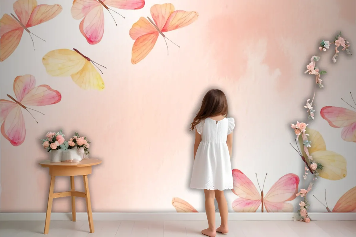 Watercolor Colorful Butterfly Background Kids Girls Wallpaper Mural