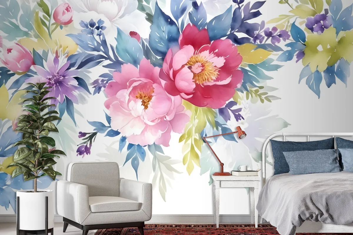 Watercolor Colorful Peony Flowers Wallpaper Mural