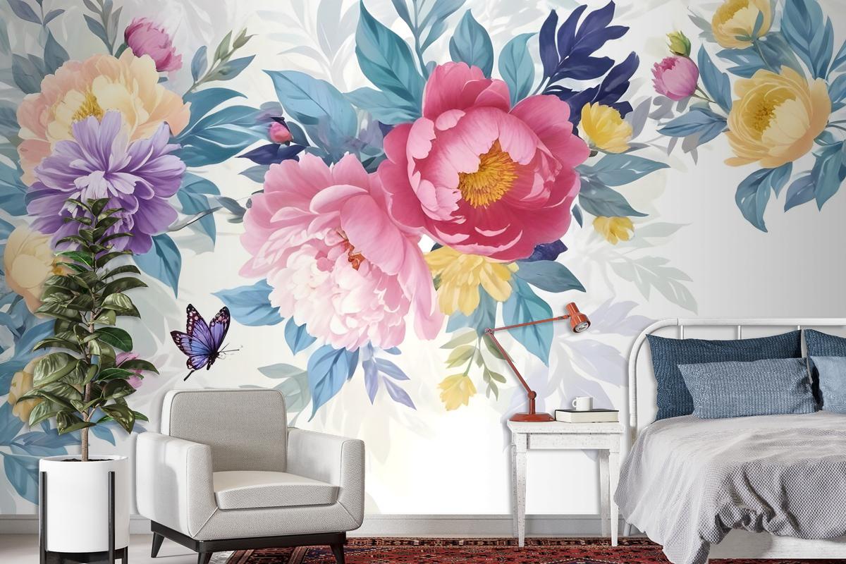 Watercolor Colorful Peony Flowers Wallpaper Mural