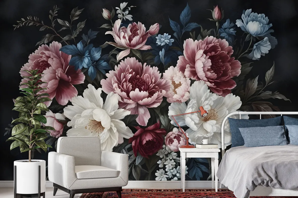 Watercolor Dark Peony Floral Wallpaper Mural