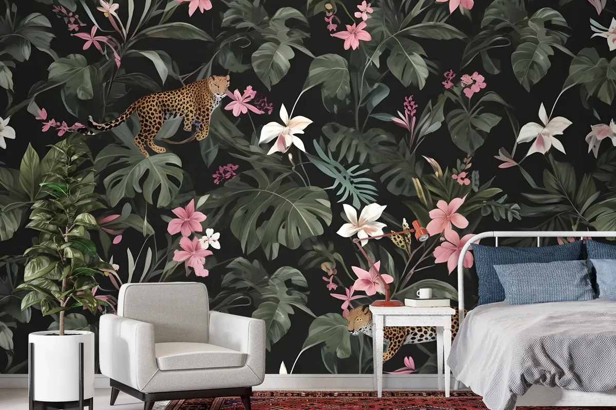 Watercolor Dark Tropical Art With Leopard Wallpaper Mural