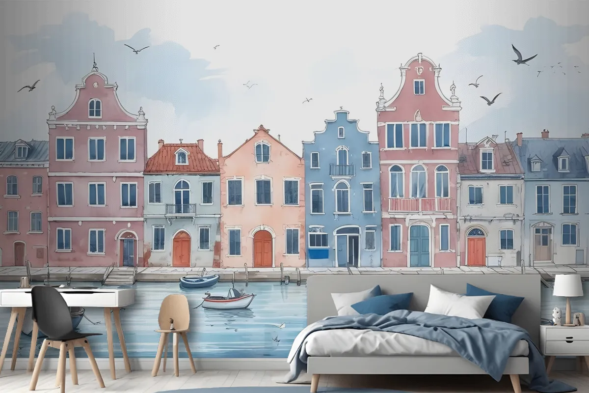 Watercolor Dutch Houses Wallpaper Mural For Kids