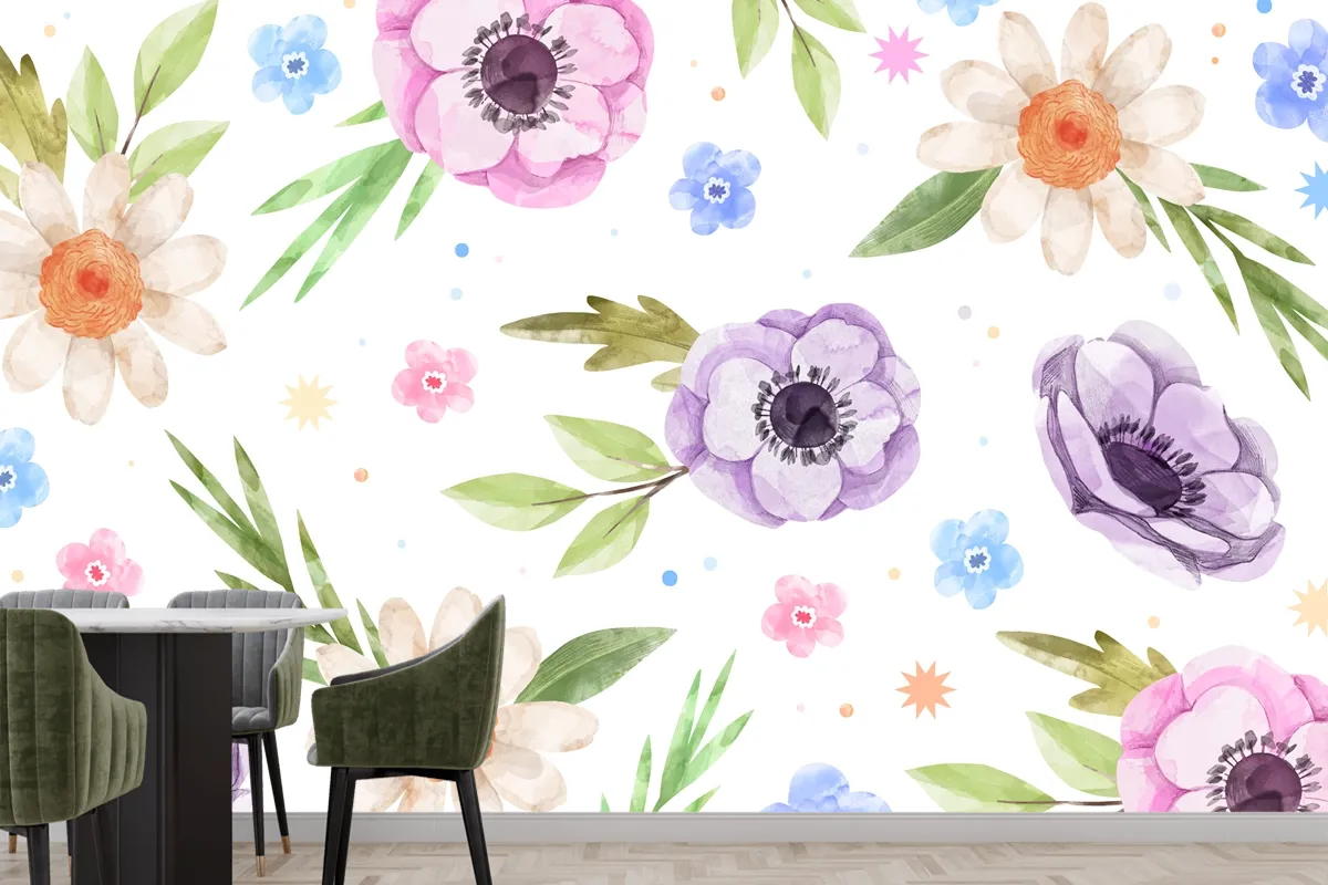 Watercolor Floral Kitchen Wallpaper Mural