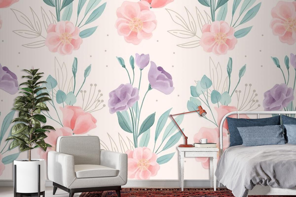 Watercolor Floral Motif Pattern Wallpaper Mural