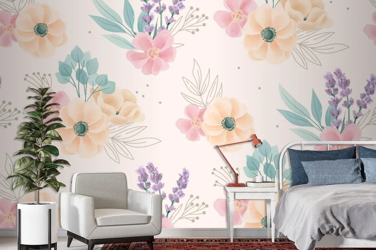 Watercolor Floral Ornaments Pattern Wallpaper Mural