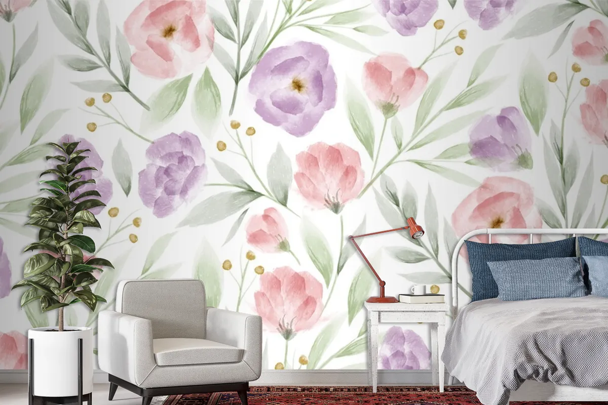 Watercolor Floral Pattern Wallpaper Mural