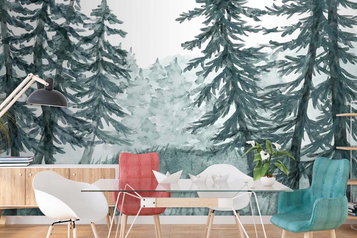 Watercolor Forest Landscape Dining Room Wallpaper Mural