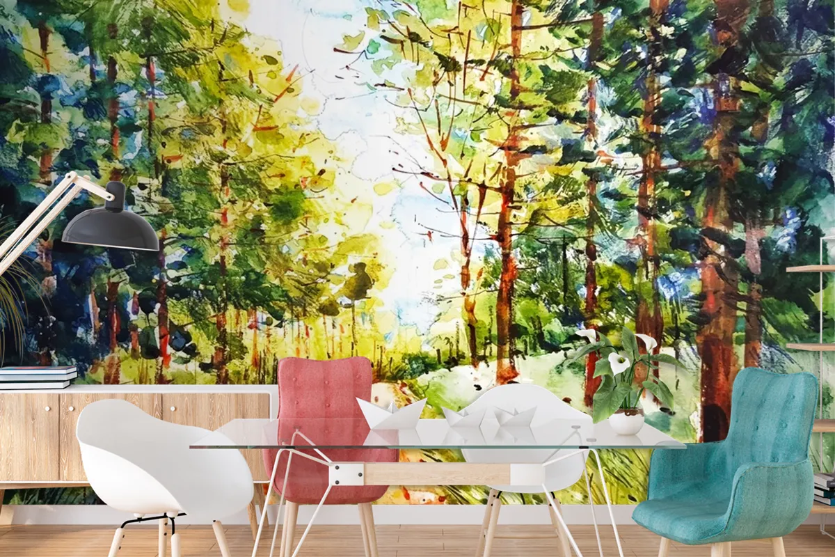 Watercolor Forest Landscape Wallpaper Mural