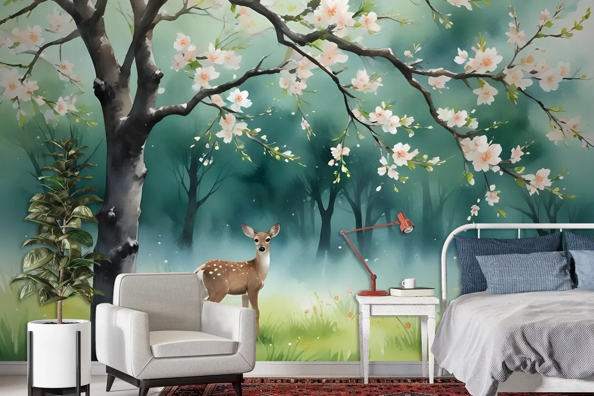 Watercolor Forest With Peach Blossom Wallpaper Mural