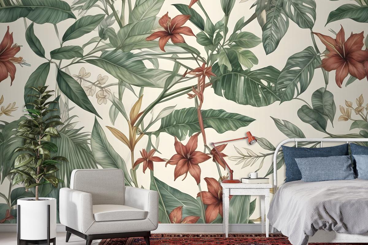 Watercolor Green Tropical Leaves Wallpaper Mural