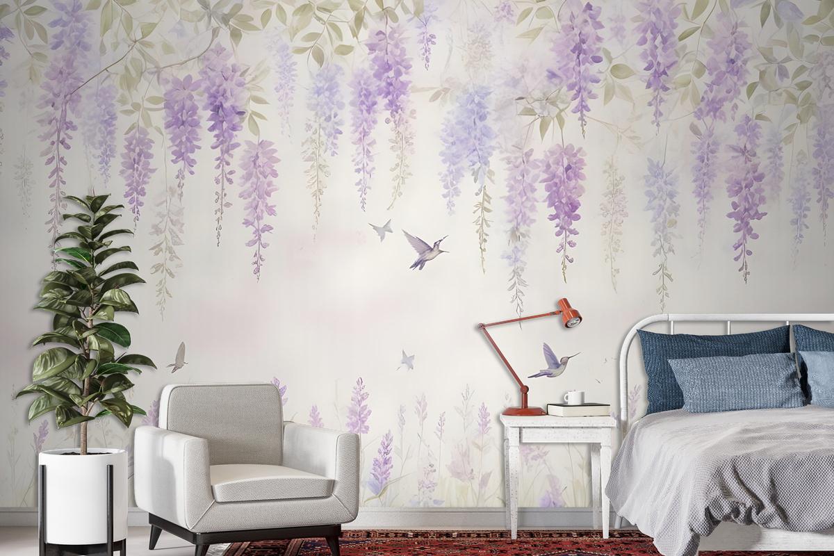 Watercolor Hanging Wisteria Flowers With Hummingbirds Wallpaper Mural