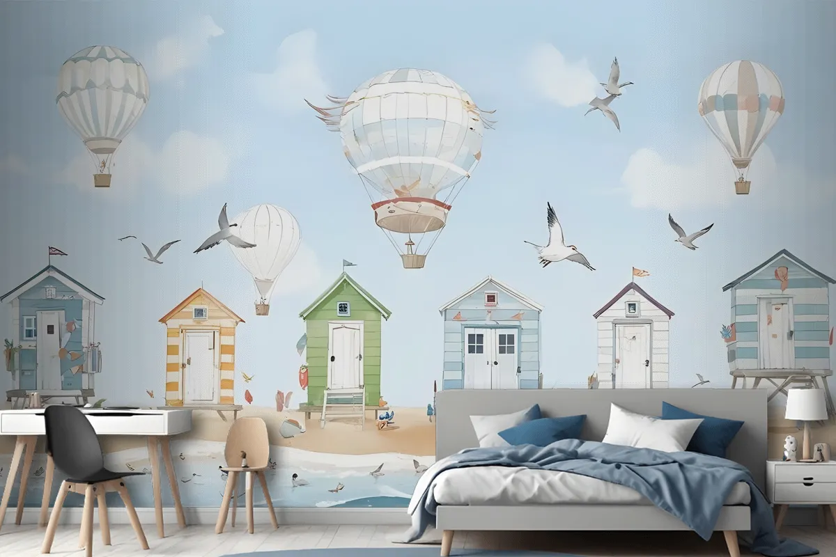 Watercolor Kids Beach House With Hot Air Balloons