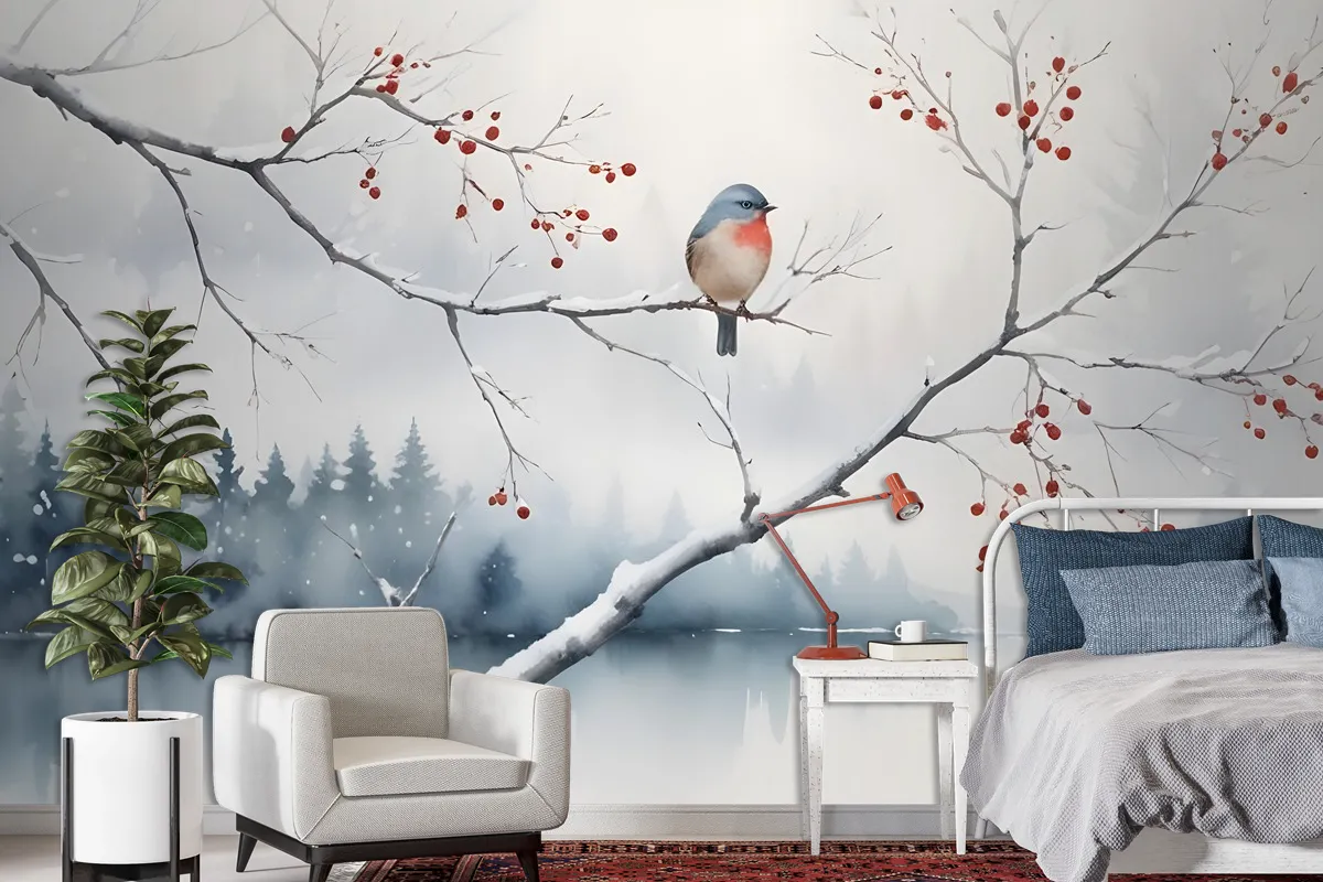 Watercolor Lake Landscape With Birds Wallpaper Mural