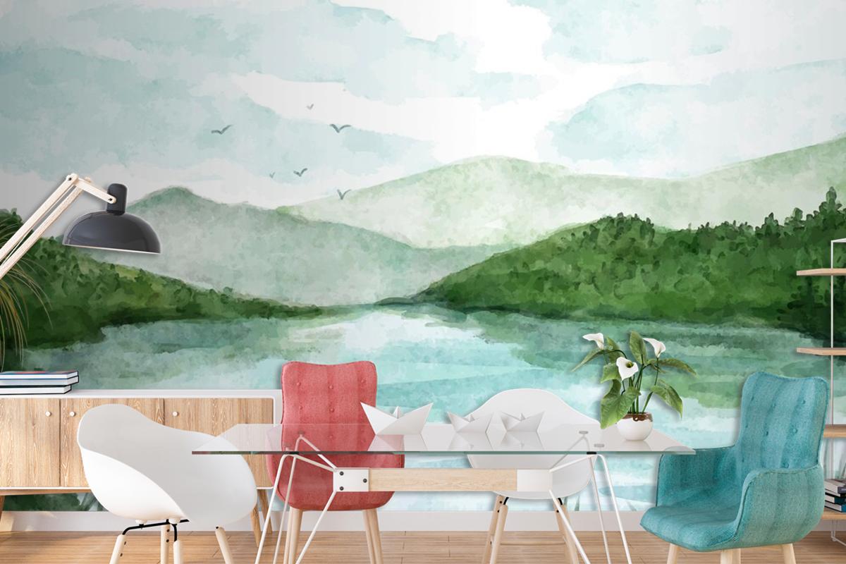 Watercolor Lake Scenery Wallpaper Mural