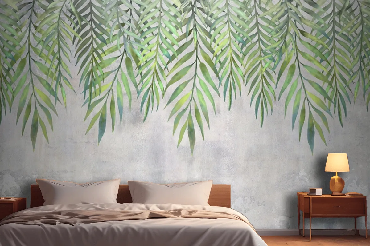 Watercolor Leaves Hanging From Above Wallpaper Mural