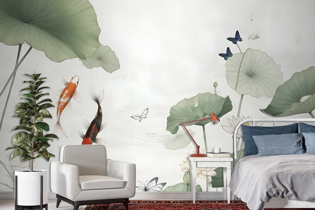 Watercolor Lotus Flower And Butterflies Wallpaper Mural