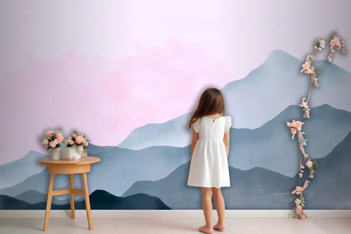 Watercolor Mountains Background With Pink Sky Wallpaper Mural