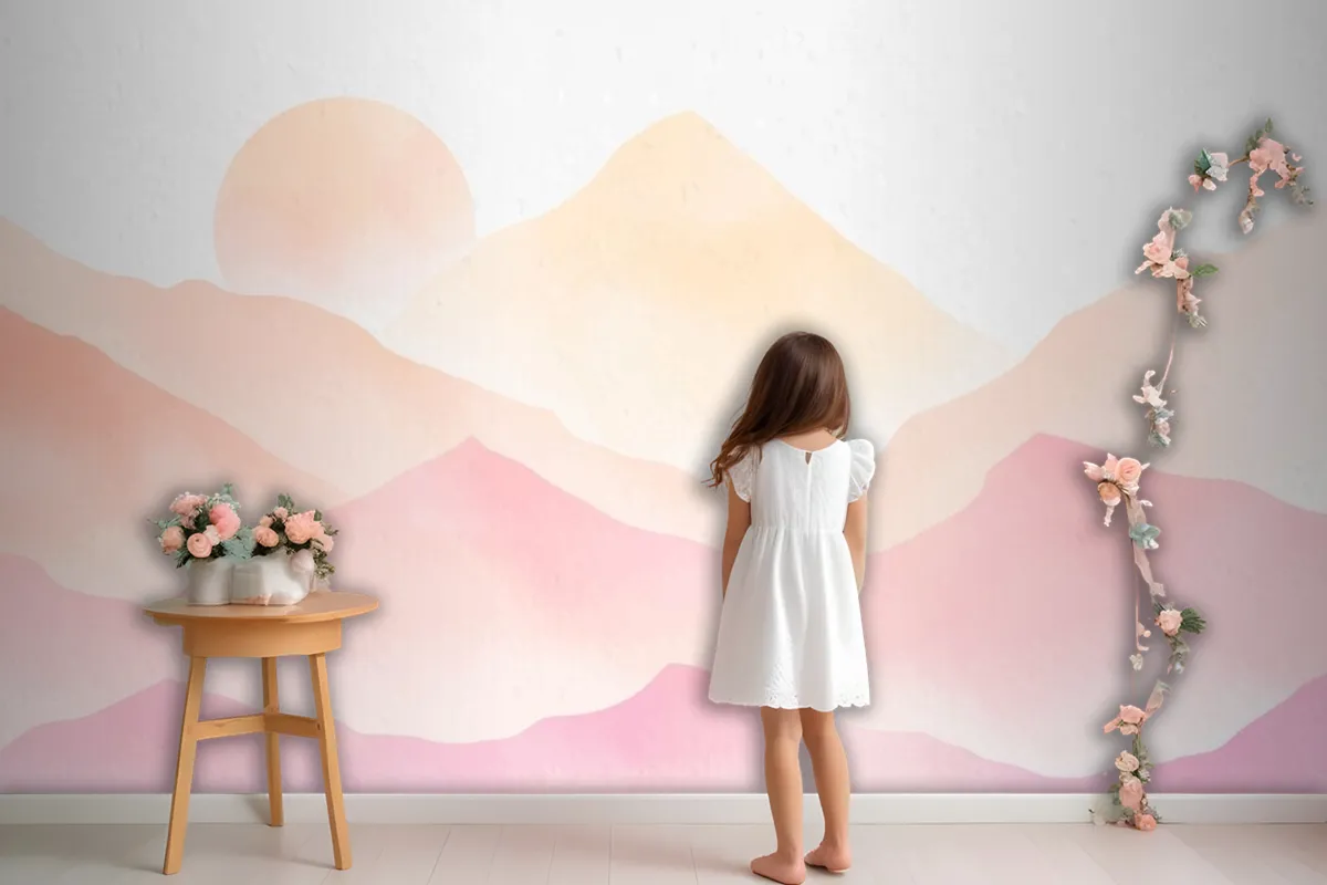 Watercolor Mountains Pink Background Wallpaper Mural