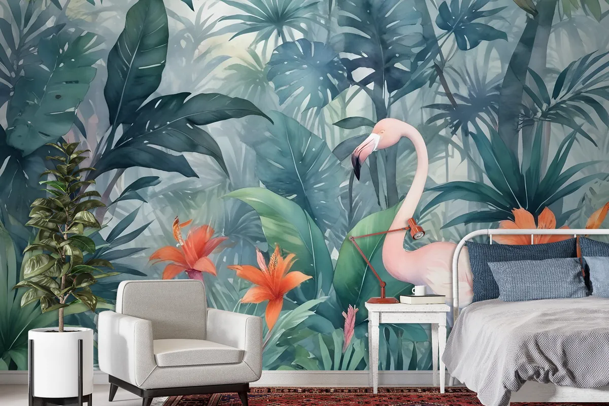 Watercolor Painting Forest And Storks Wallpaper Mural