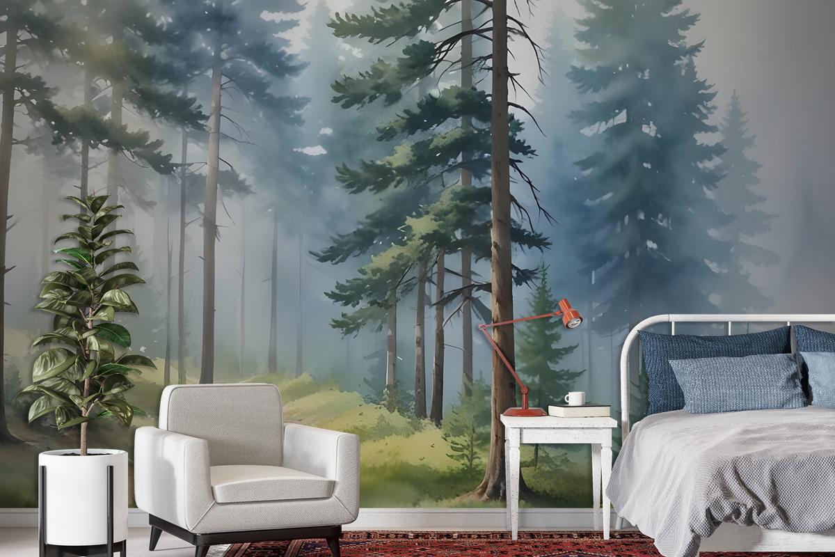 Watercolor Painting Misty Forestscape Wallpaper Mural