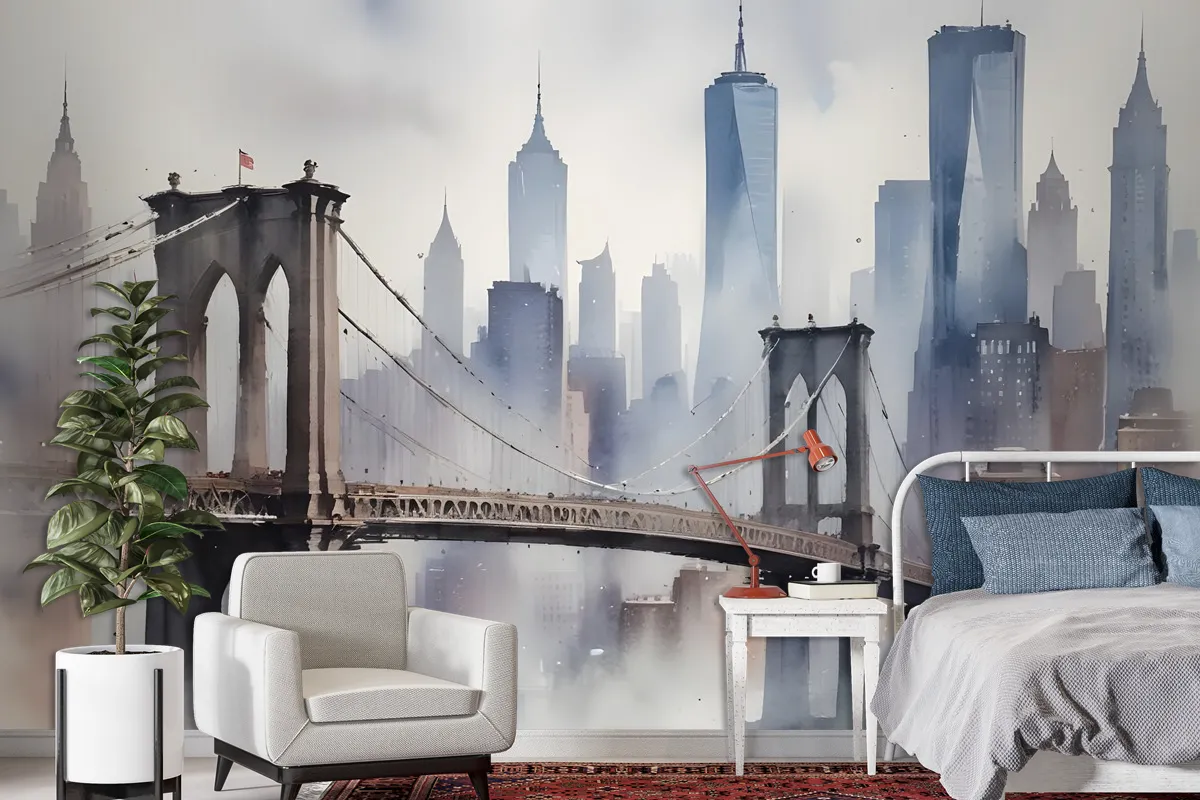 Watercolor Painting New York City Landscape Wallpaper Mural