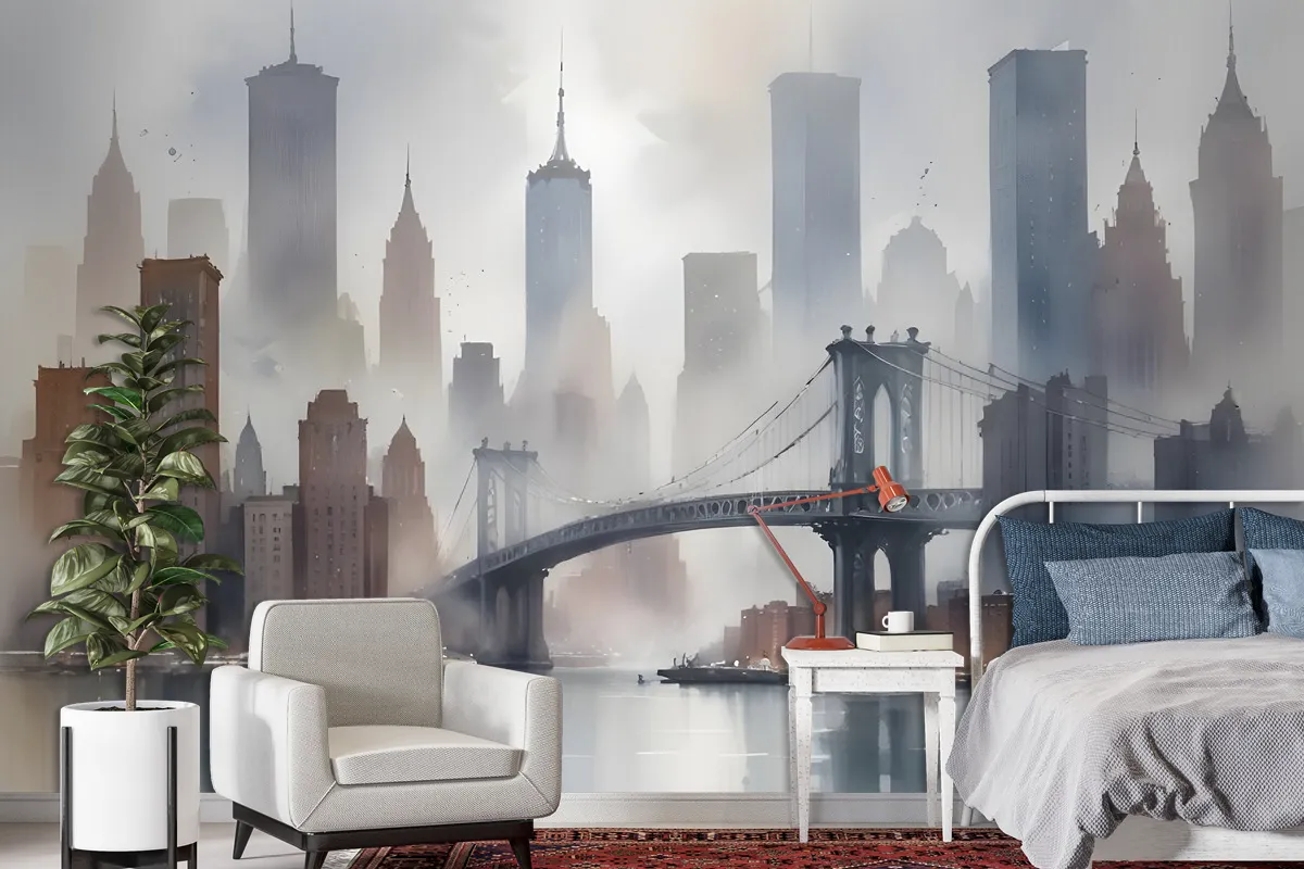 Watercolor Painting New York City Landscape Wallpaper Mural