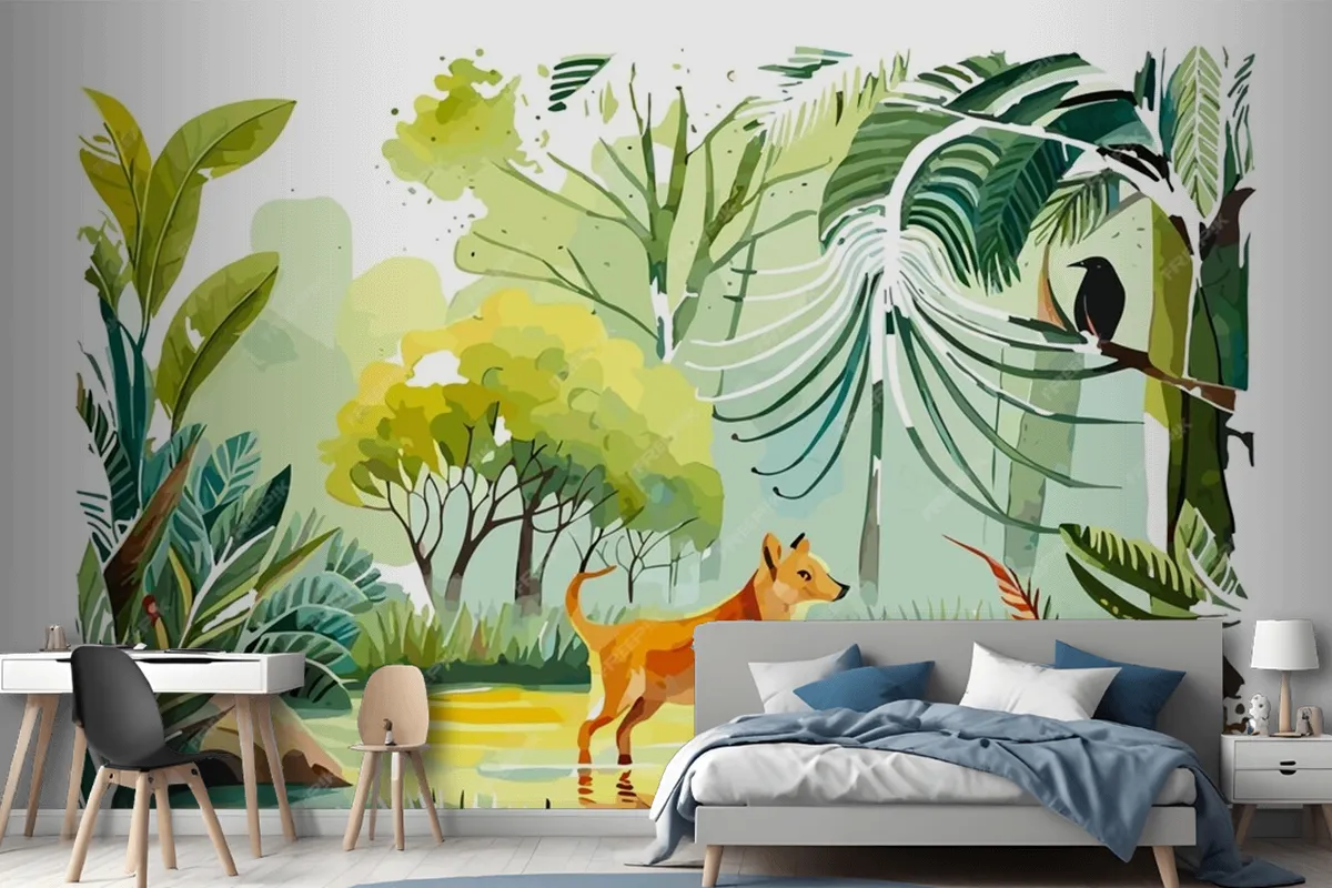 Watercolor Painting Of A Dog And A Bird In A Jungle Wallpaper Mural