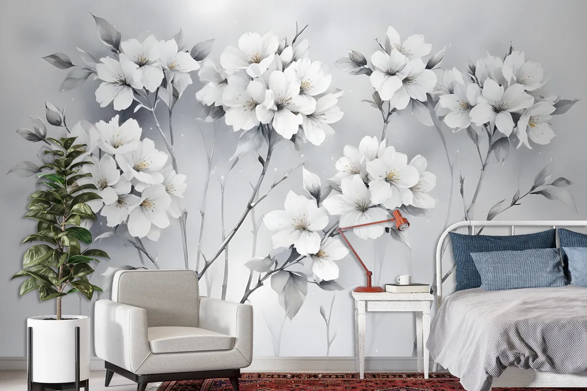 Watercolor Painting White Flowers Wallpaper Mural