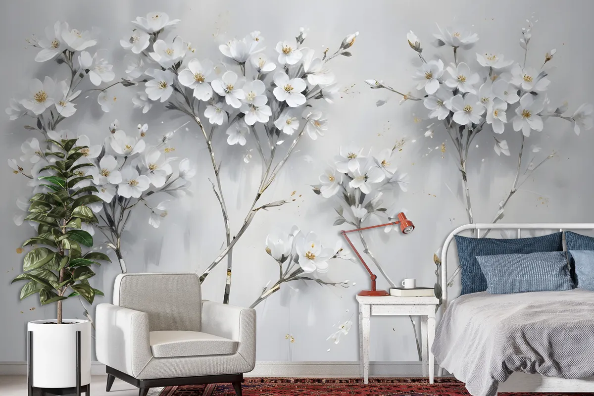 Watercolor Painting White Flowers Wallpaper Mural