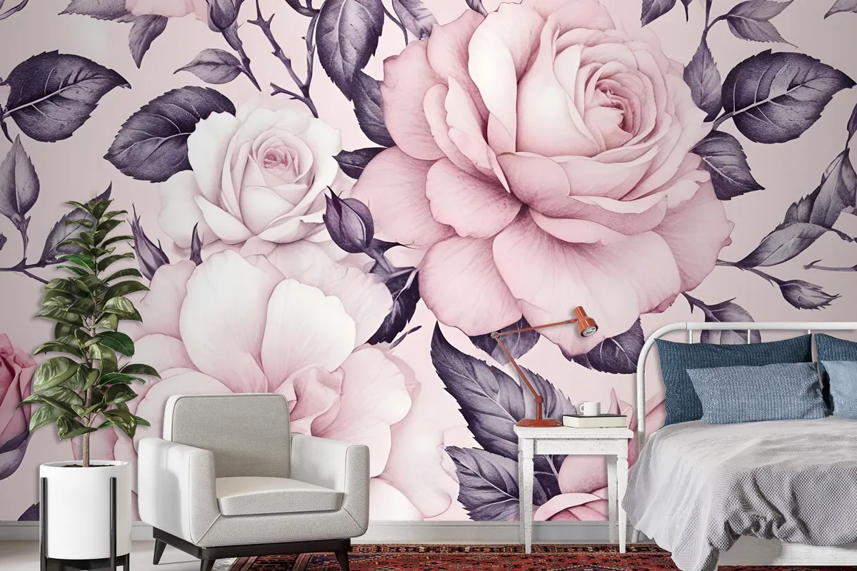 Watercolor Pink Floral Pattern Wallpaper Mural