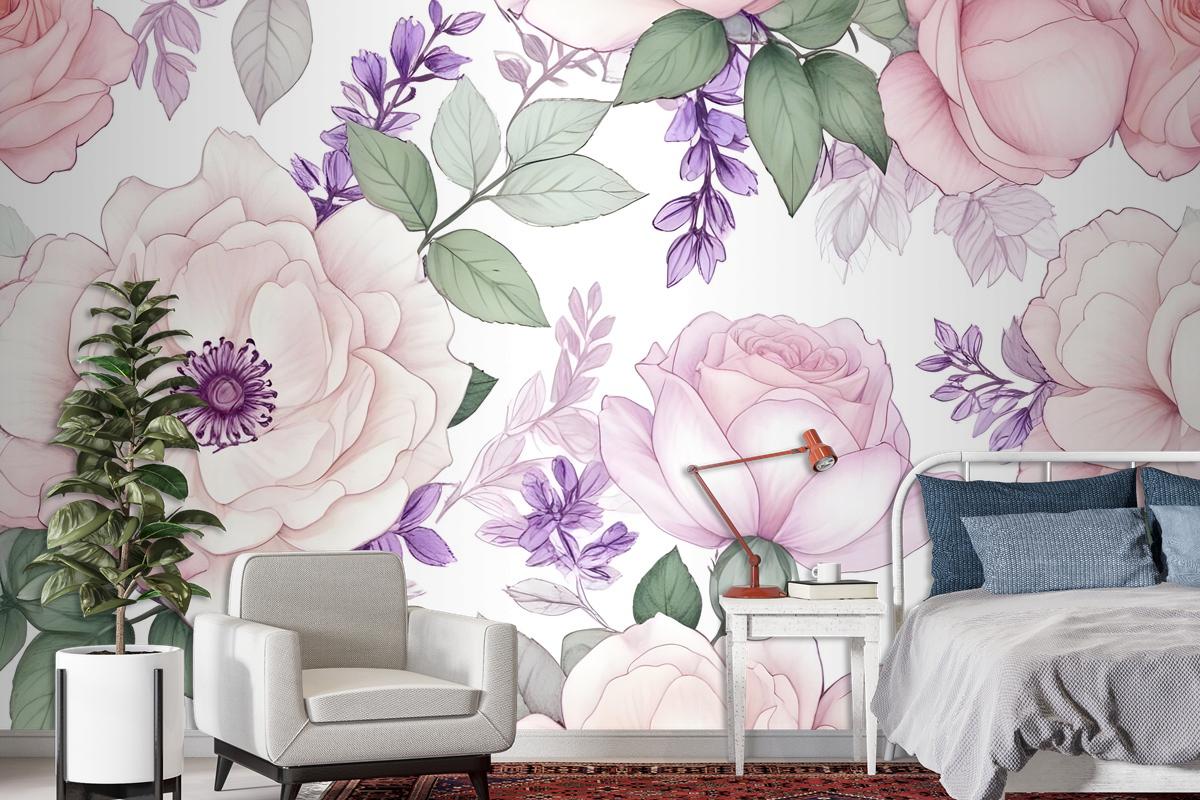 Watercolor Pink Floral Pattern With Wisteria Wallpaper Mural