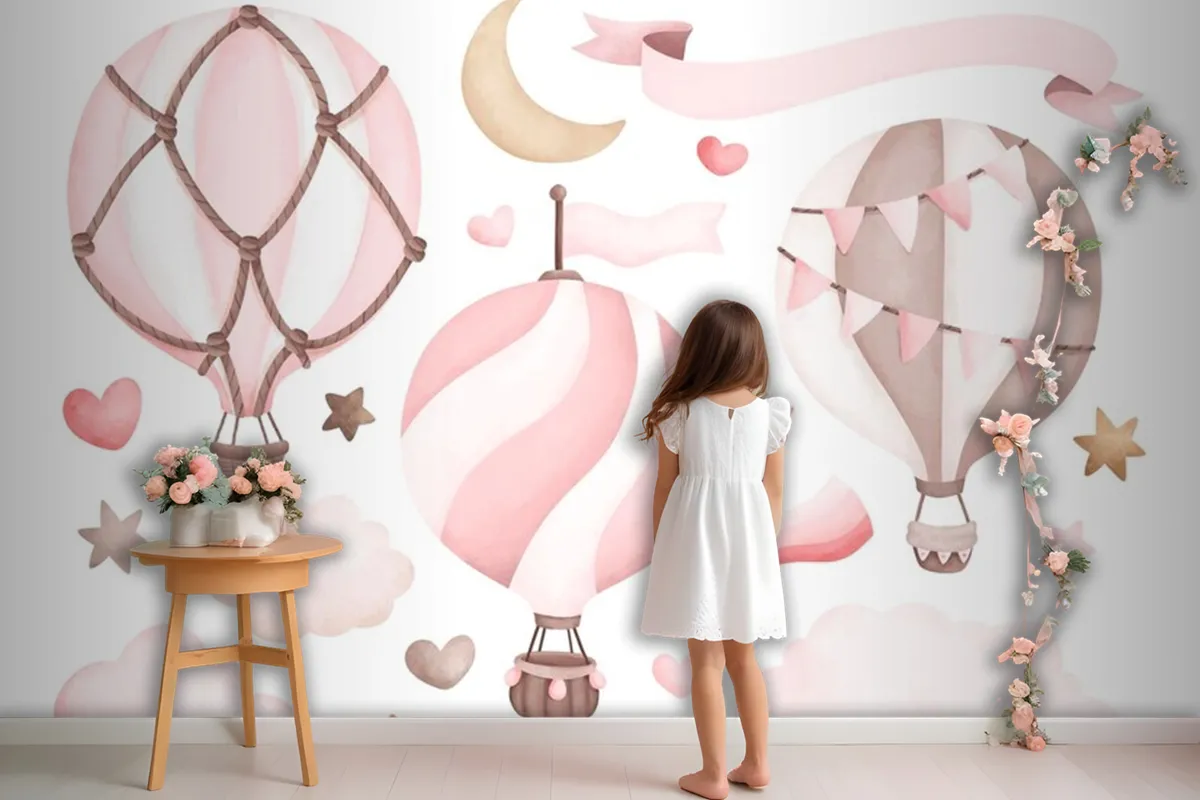 Watercolor Pink Hot Air Balloon Wallpaper Mural