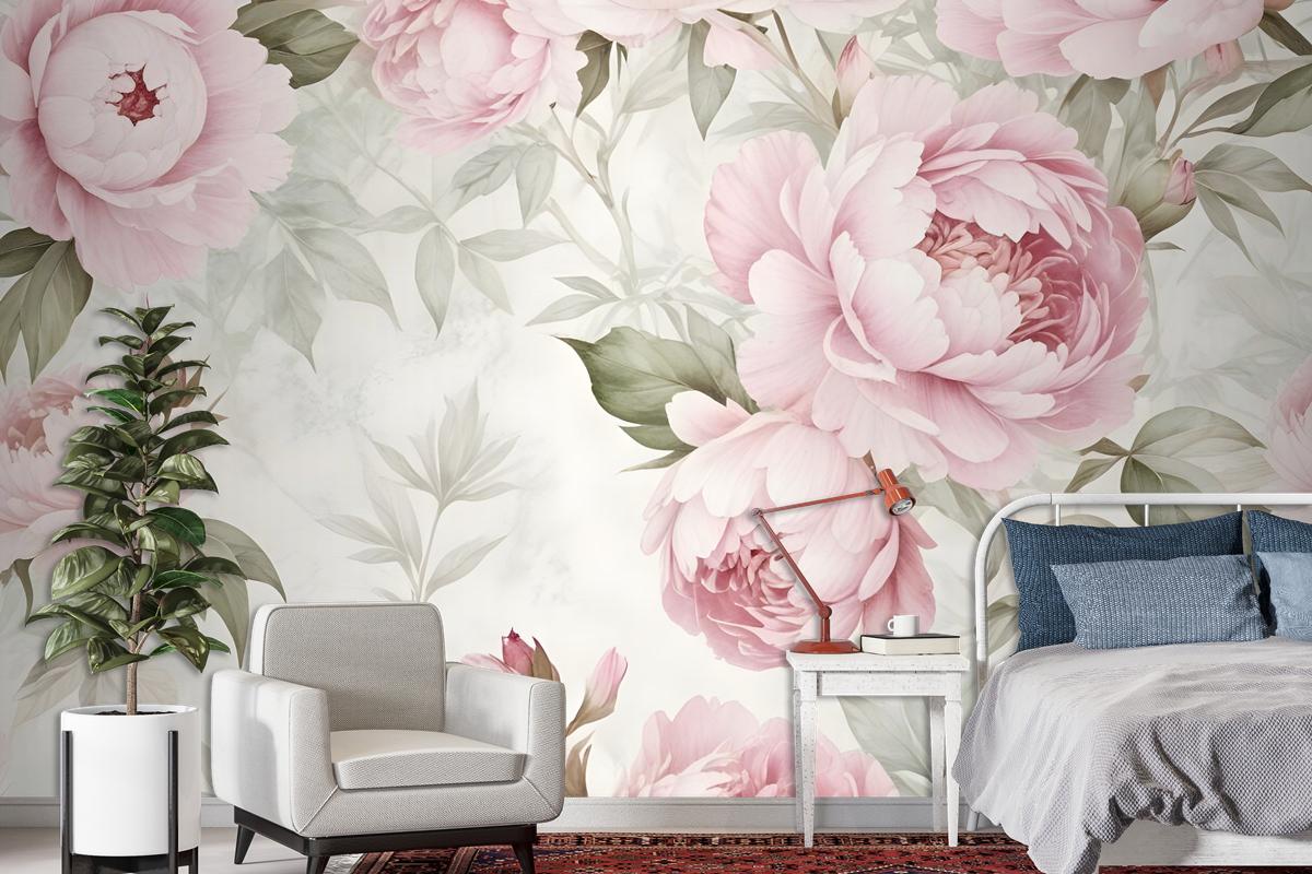 Watercolor Pink Peony Floral Blossom Wallpaper Mural