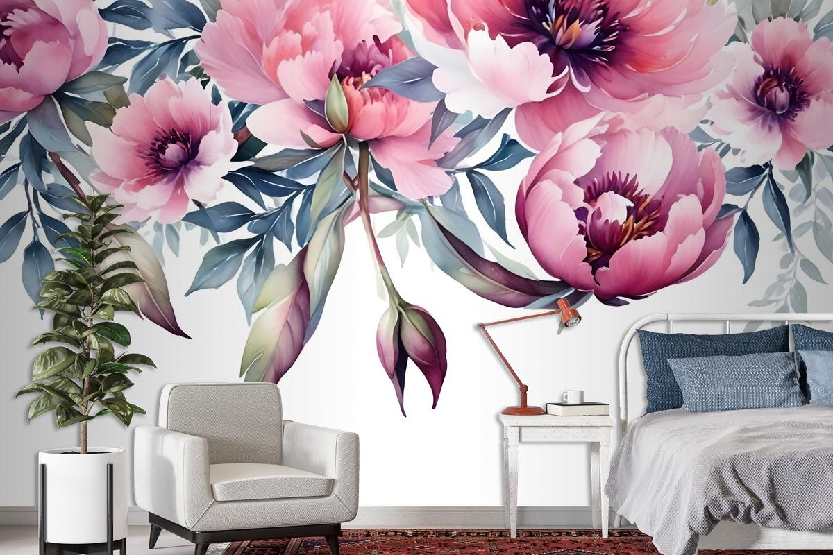 Watercolor Pink Peony Flower Wallpaper Mural