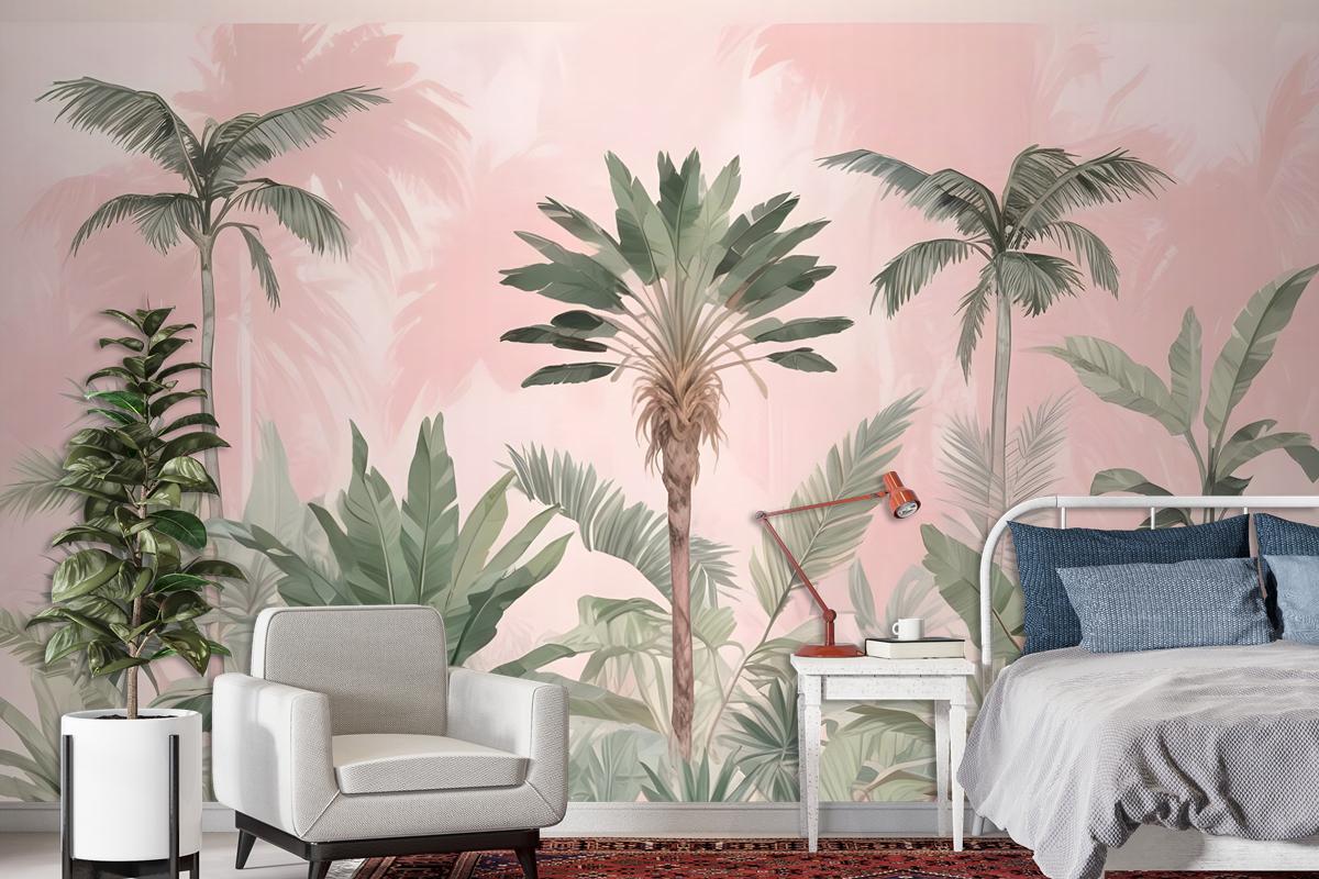 Watercolor Pink Tropical Chinoiserie Wallpaper Mural