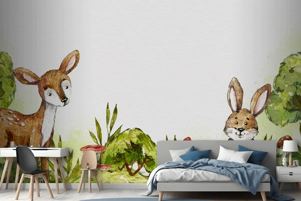 Watercolor Rabbit And Deer In Forest Wallpaper Mural