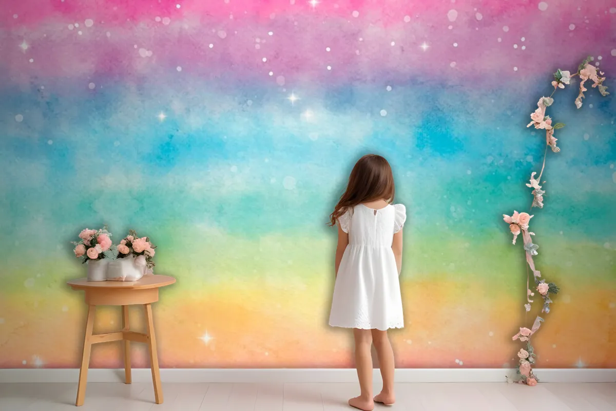 Watercolor Rainbow Background Girl Wallpaper Mural