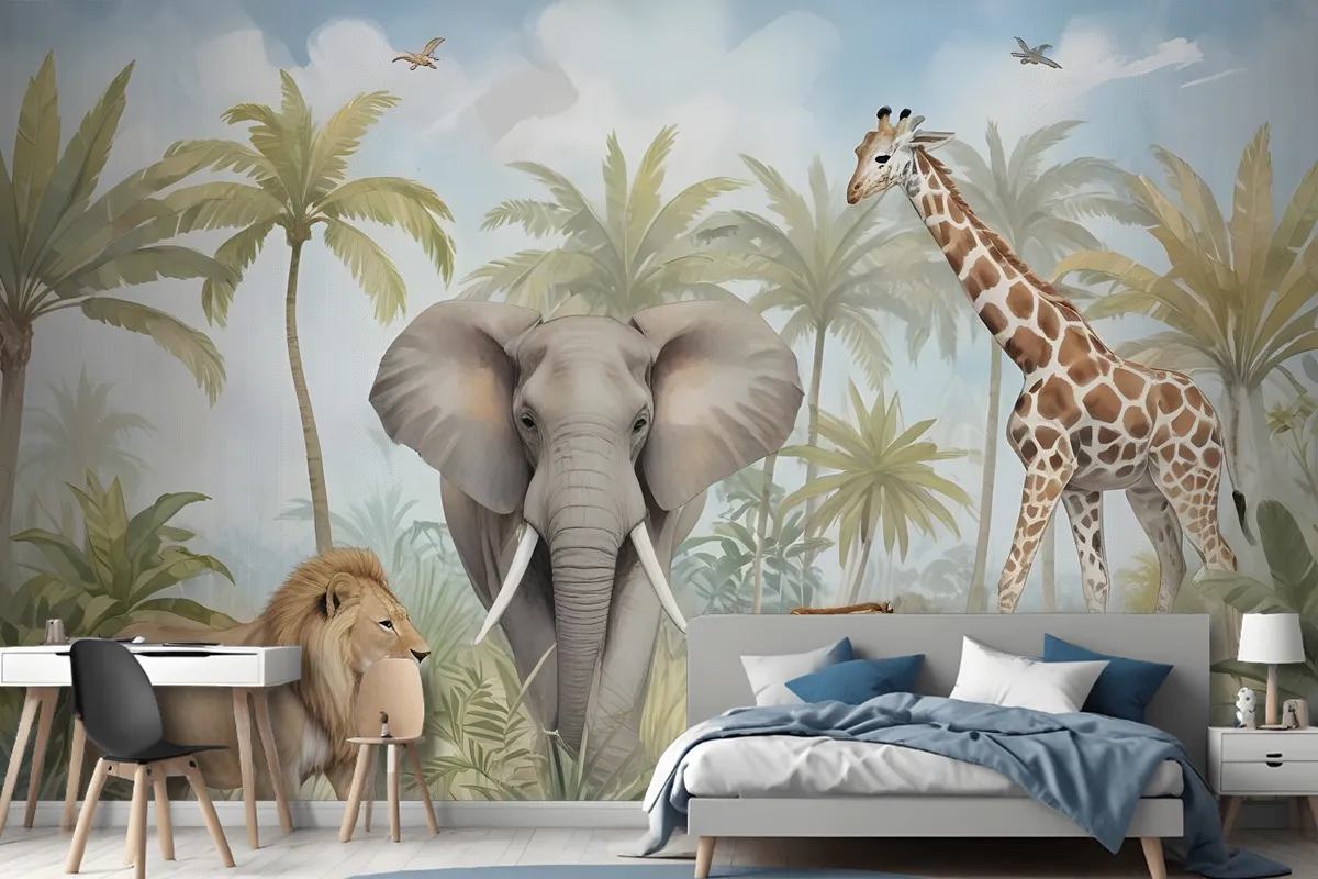 Watercolor Safari Animals In Forest Wallpaper Mural