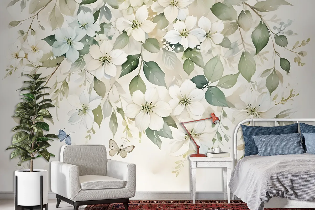 Watercolor Soft Floral With Green Leaves Wall Mural