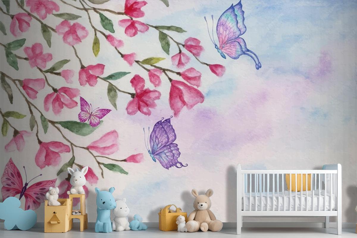 Watercolor Spring Landscape Background With Lovely Butterflies Wallpaper Mural