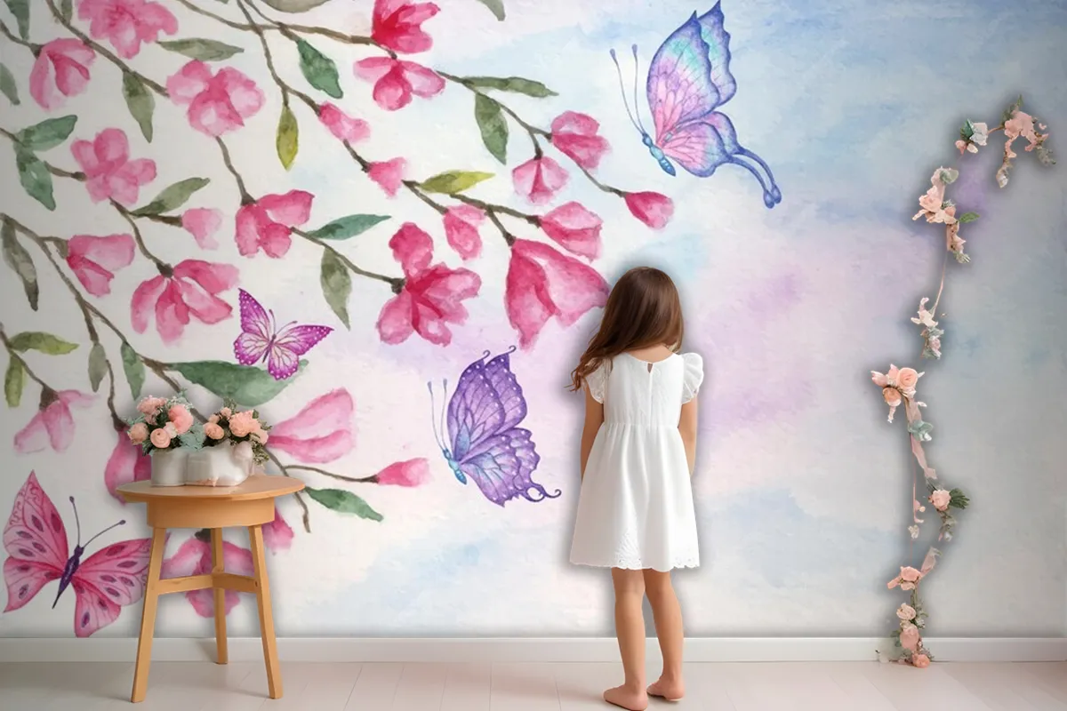 Watercolor Spring Landscape Background With Lovely Butterflies Wallpaper Mural