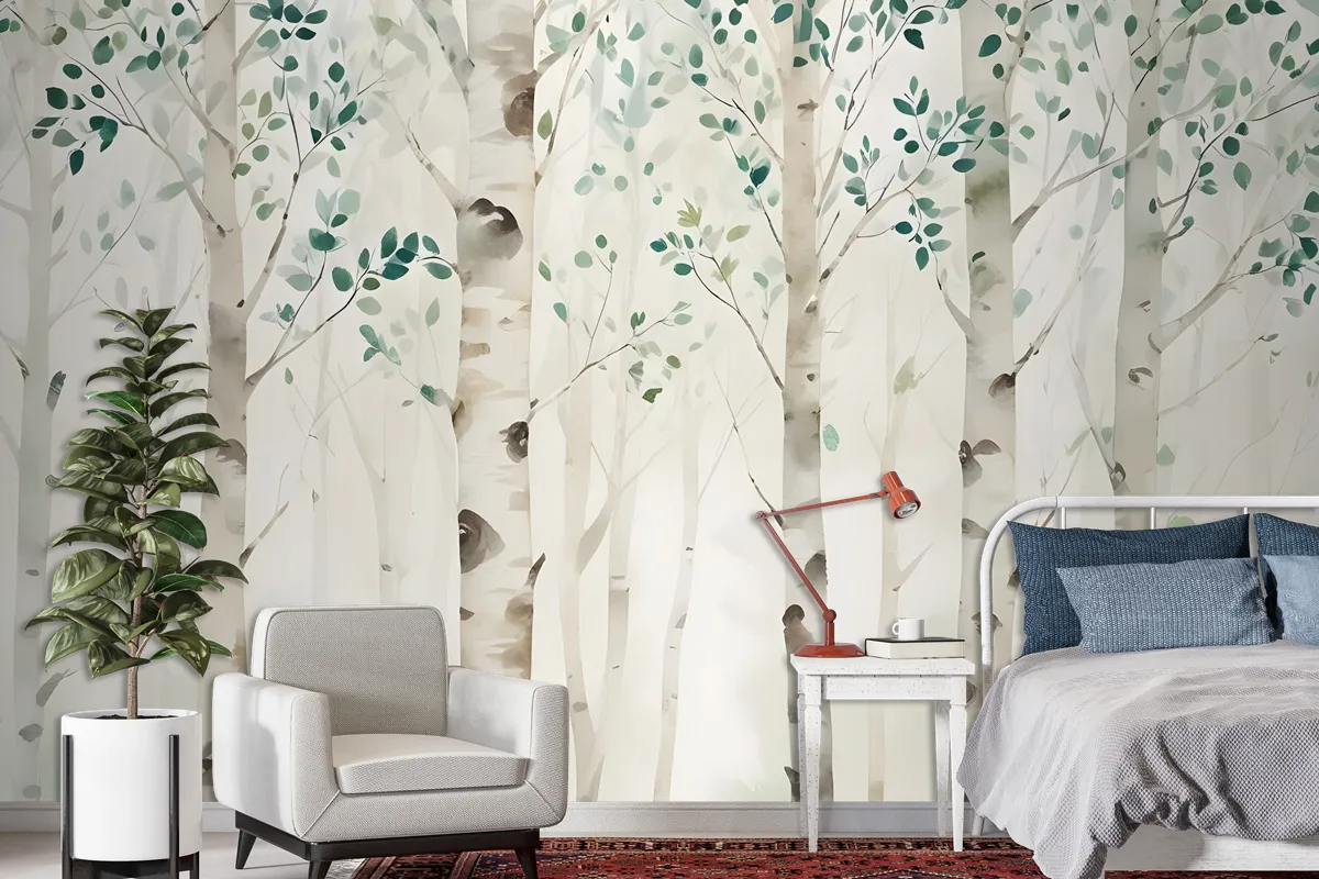 Watercolor Style Forest With Green Brown Little Leaves Wallpaper Mural