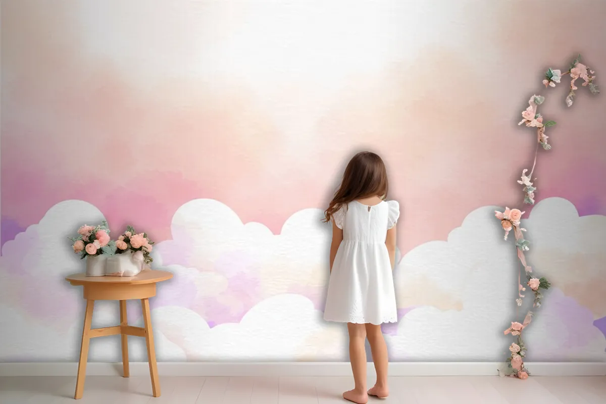 Watercolor Sugar Cotton Clouds Background Girl Wallpaper Mural