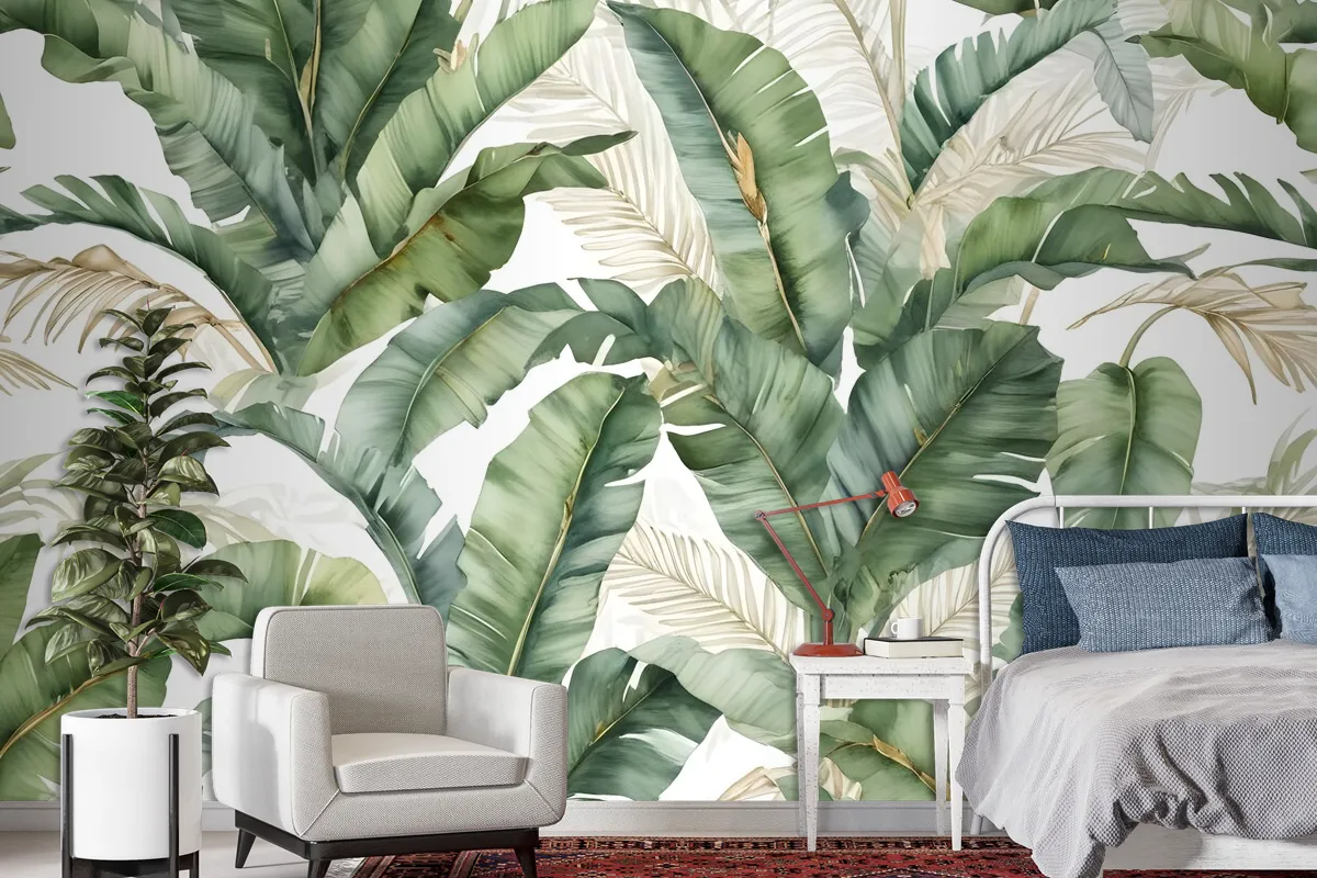 Watercolor Tropical Banana Leaf With Faux Gold Details Wallpaper Mural